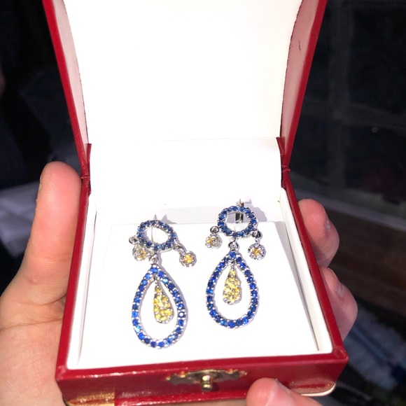 14K Blue & Yellow Sapphire Dangle Earrings - Picture 5 of 5